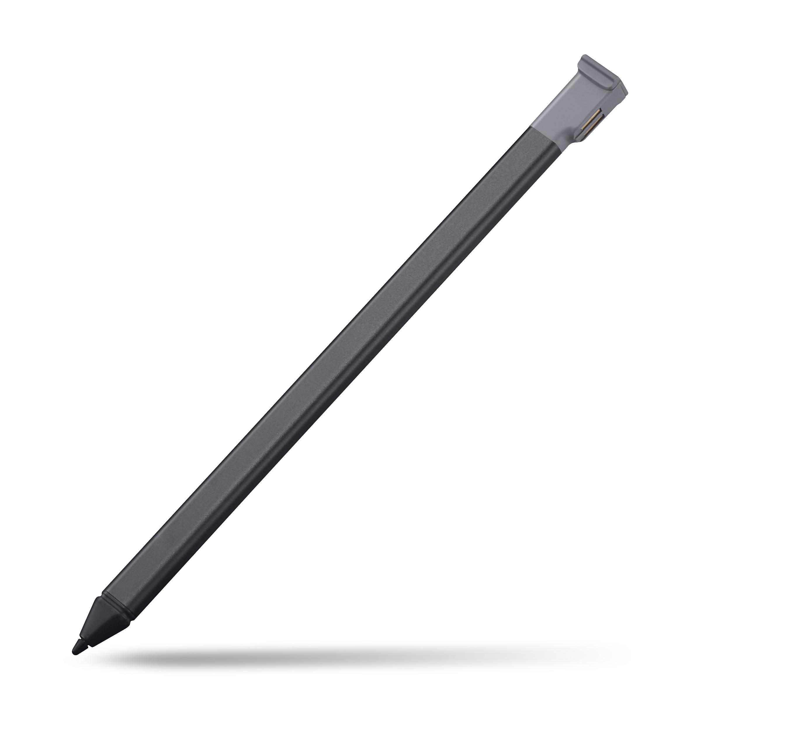 Ein dunkler Eingabestift mit grauer Kappe auf weißem Hintergrund.
