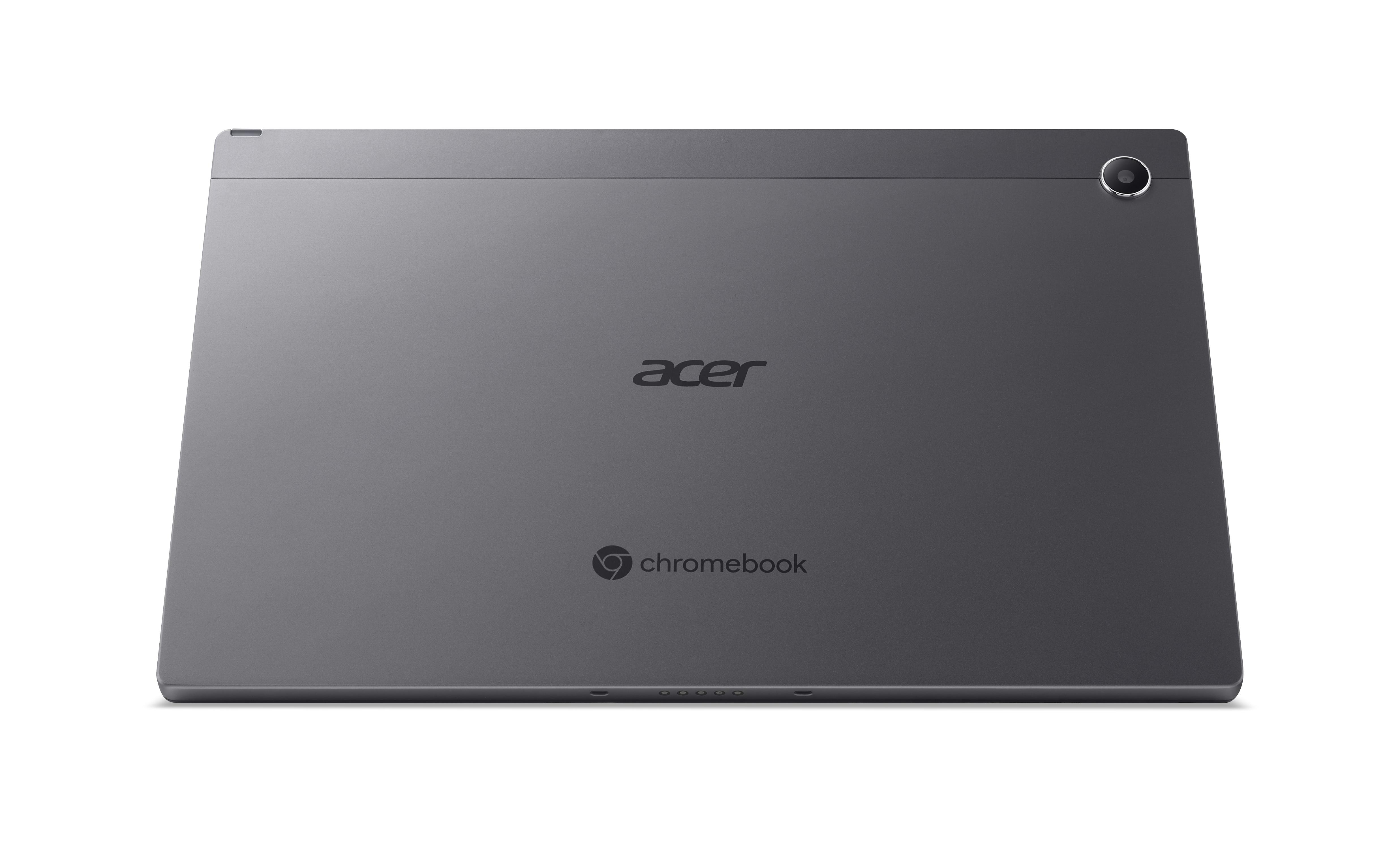 Rückseite eines grauen Acer Chromebook Tablets mit Kamera und Logos.