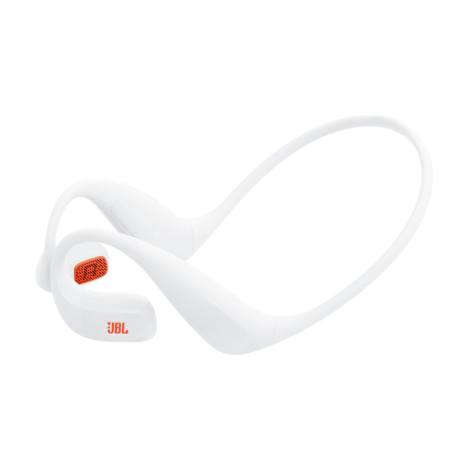 Auriculares JBL blancos con acento naranja y banda para el cuello.