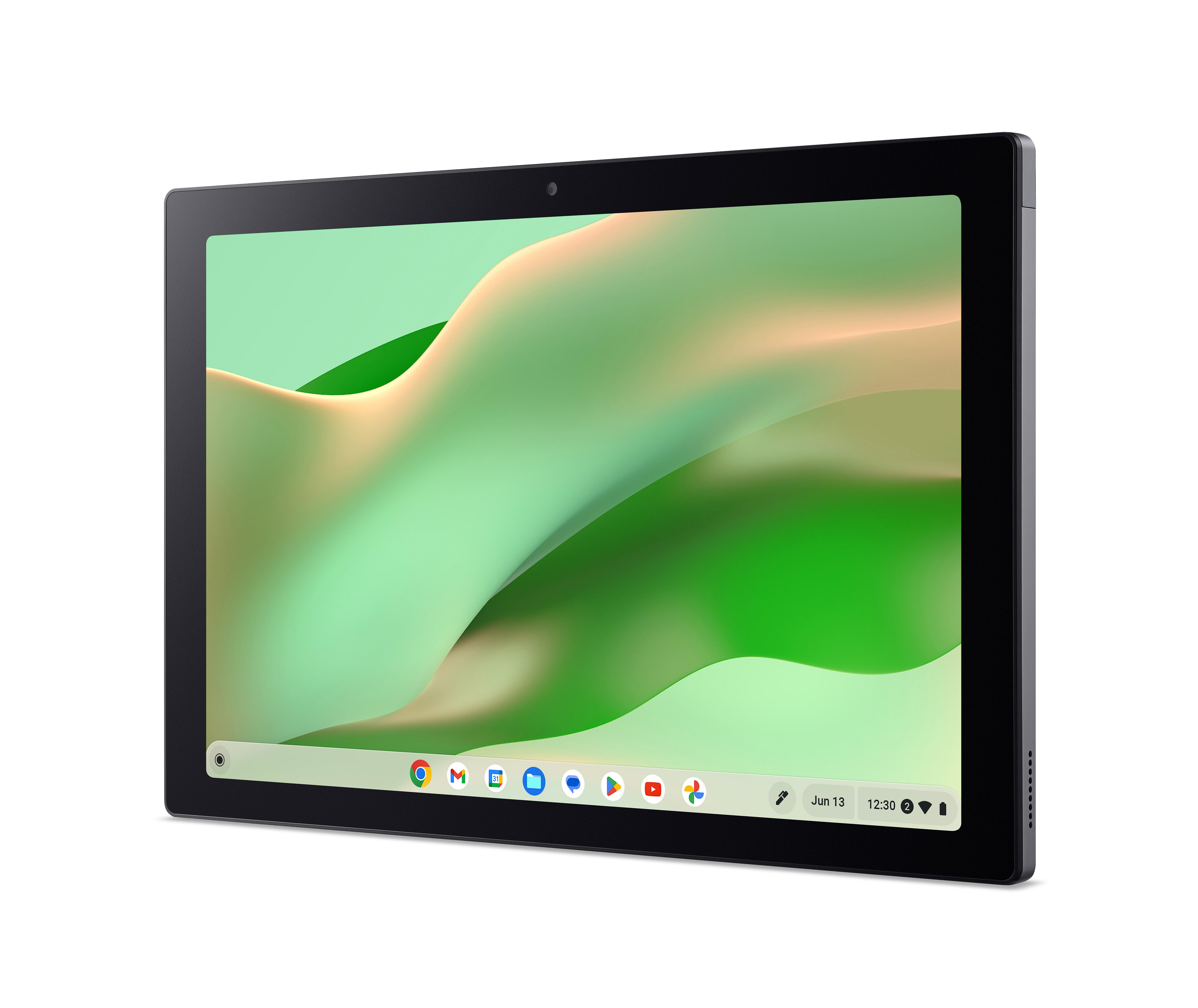 Ein schwarzes Tablet mit grünem Hintergrund und App-Icons in der Taskleiste.