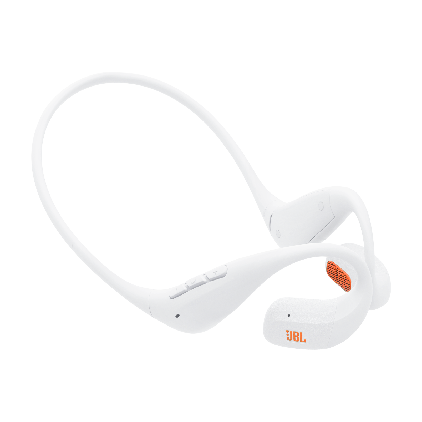 Auriculares JBL blancos con detalles naranjas sobre fondo negro.