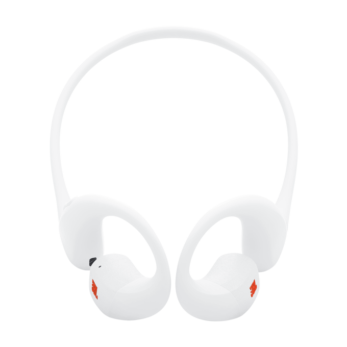 Auriculares blancos inalámbricos con detalle de logo naranja sobre fondo negro.