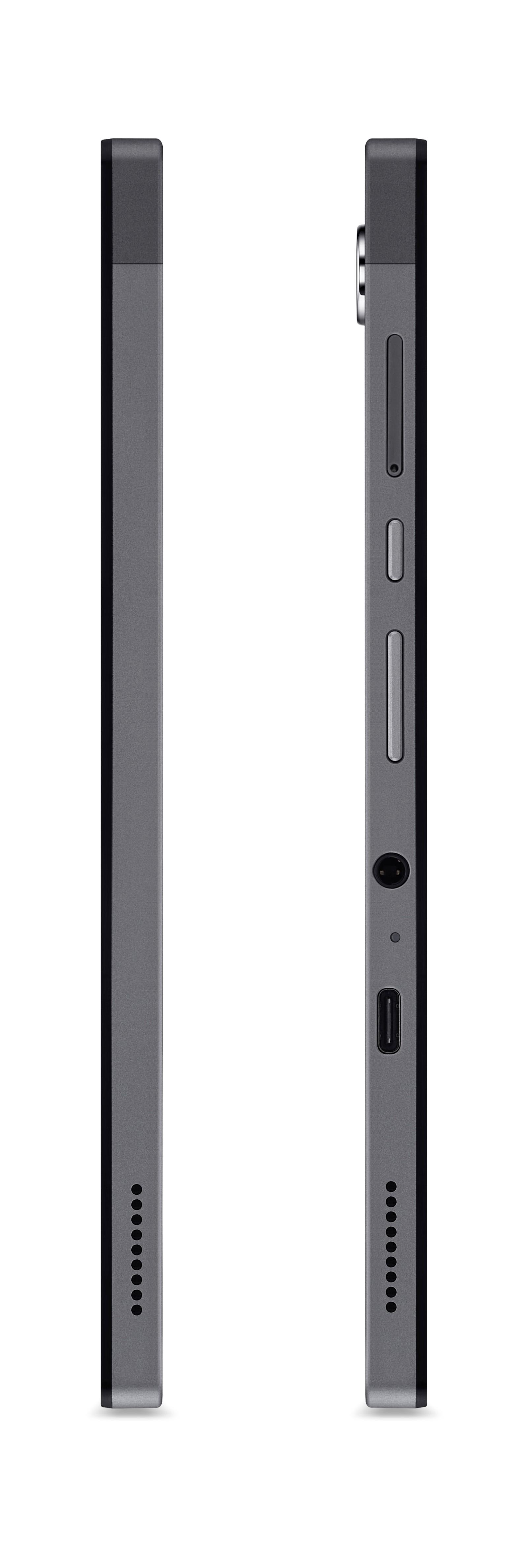 Graues Tablet mit seitlichen Bedienelementen und Anschlüssen.