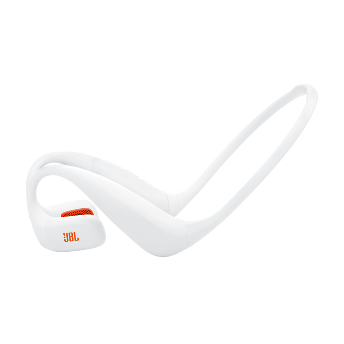 Auriculares JBL blancos con detalles naranjas, sobre fondo negro.