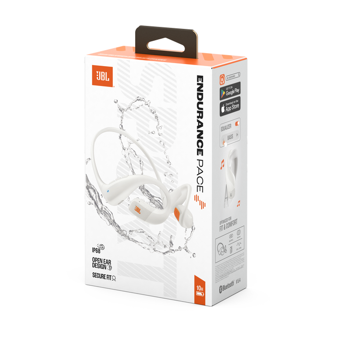Caja blanca de audífonos JBL Endurance Pace con salpicaduras de agua y acentos naranjas.