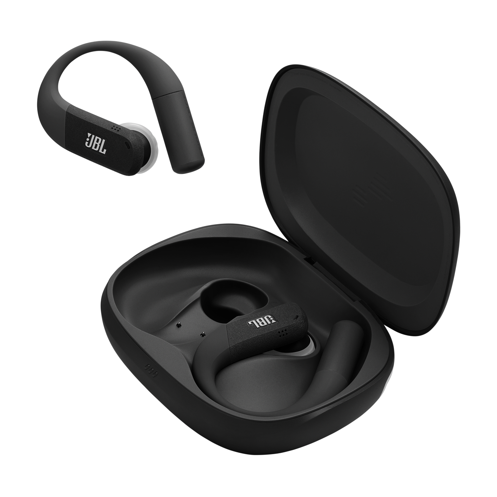 Auriculares JBL negros en un estuche de carga abierto.