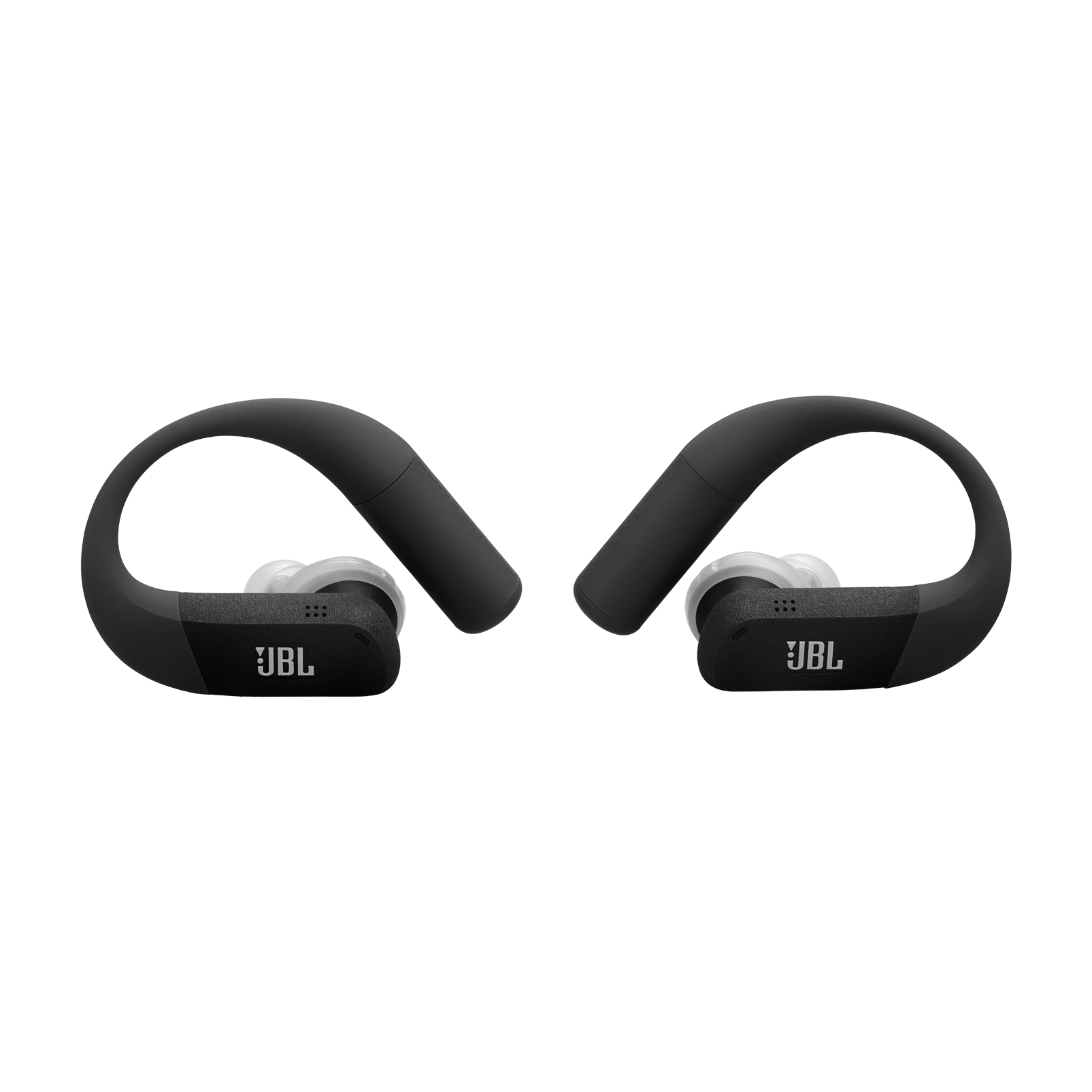 Auriculares JBL negros con punta de oreja blanca y logo plateado.