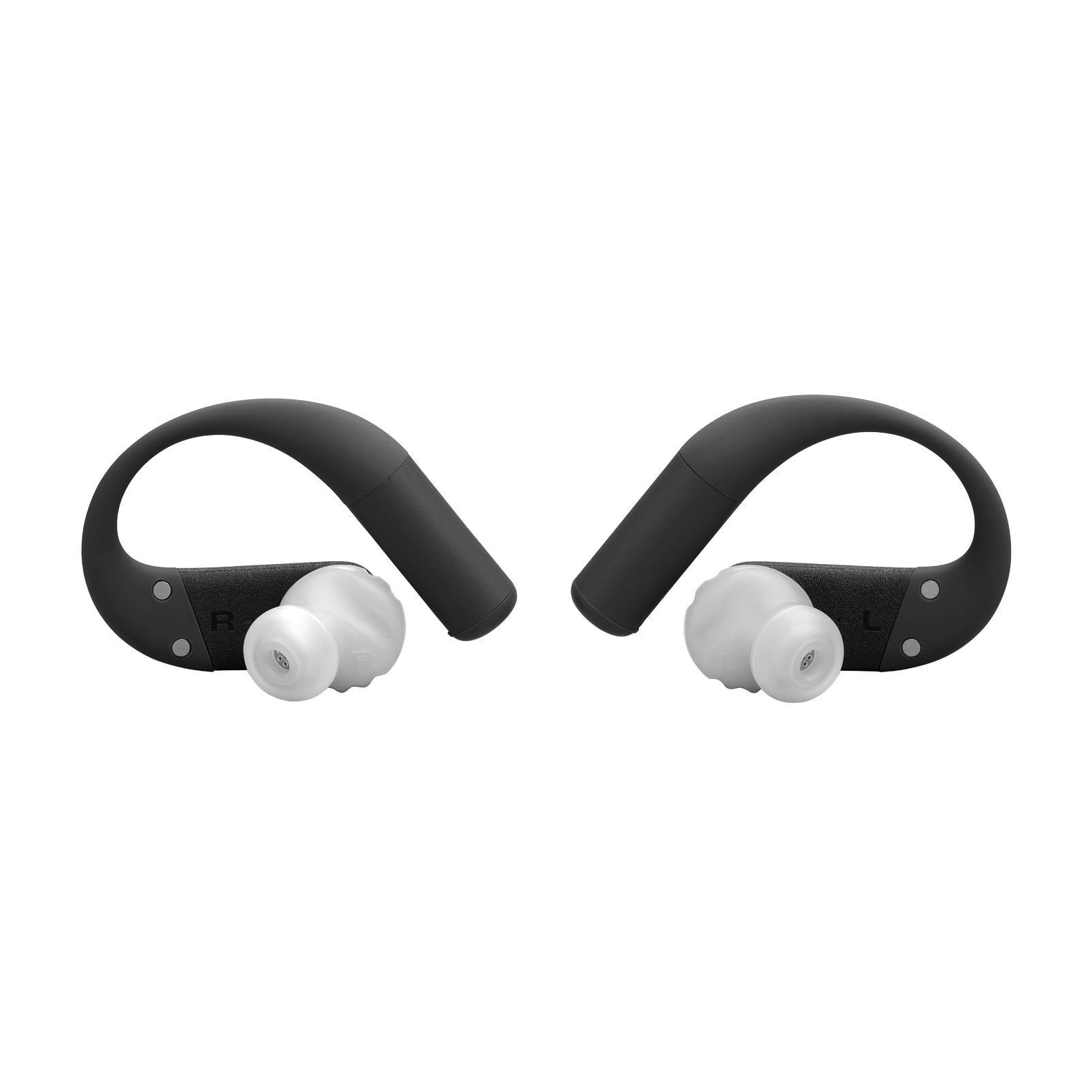 Dos auriculares negros con almohadillas blancas sobre fondo negro.