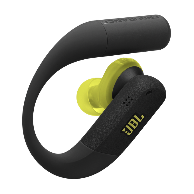 Auricular JBL negro con almohadillas amarillas y diseño de gancho.