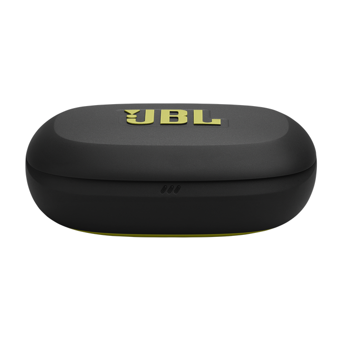 Funda de carga JBL negra con logo dorado y tres luces pequeñas.