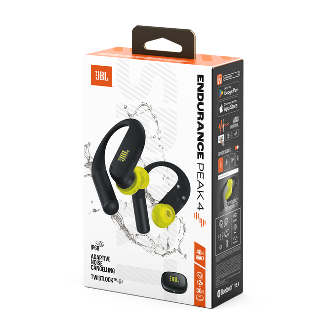 Embalaje de auriculares JBL Endurance Peak 4 con auriculares negros y amarillos.