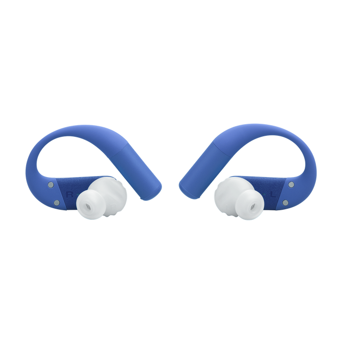 Auriculares inalámbricos azules con puntas blancas y ganchos.