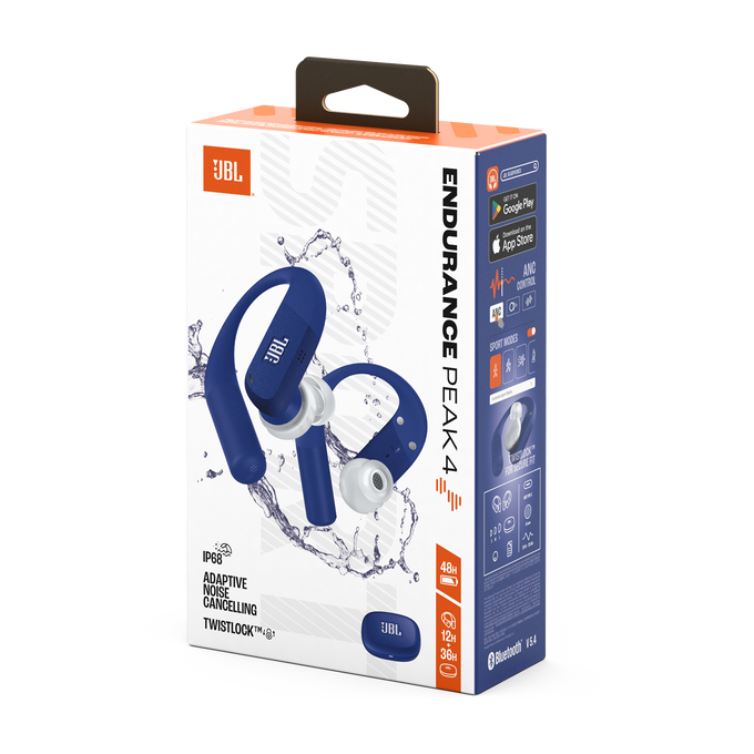 Auriculares JBL Endurance Peak 4 en azul sobre embalaje con salpicaduras de agua.