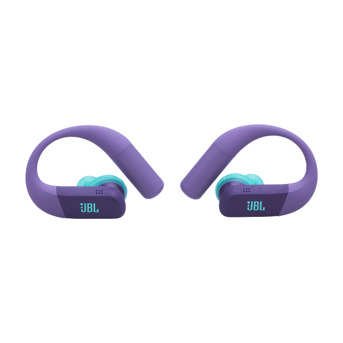 Auriculares JBL morados con acentos turquesa y ganchos para las orejas.