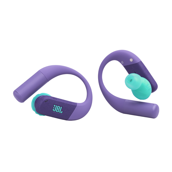 Auriculares JBL morados con almohadillas turquesa y ganchos.