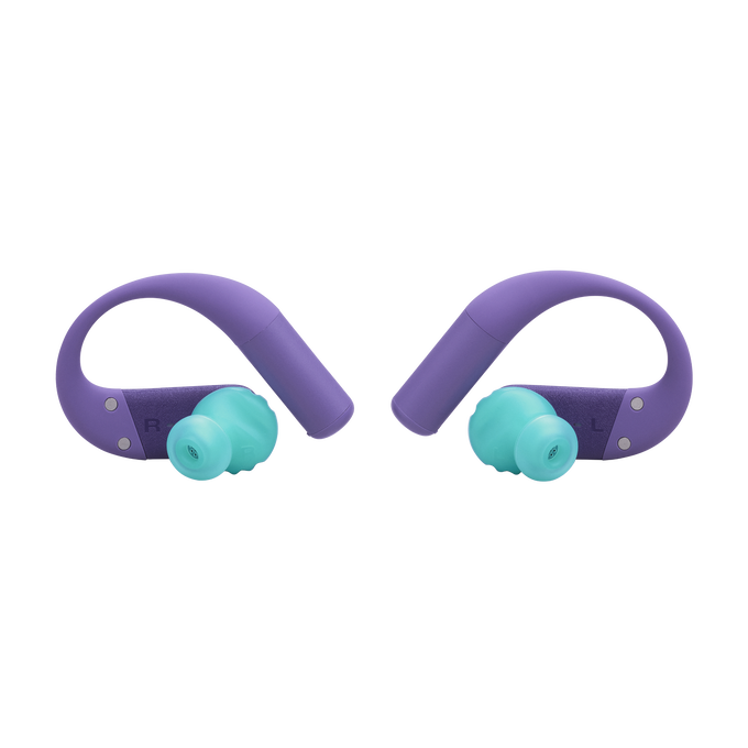 Auriculares morados y turquesa con ganchos, marcados R y L.