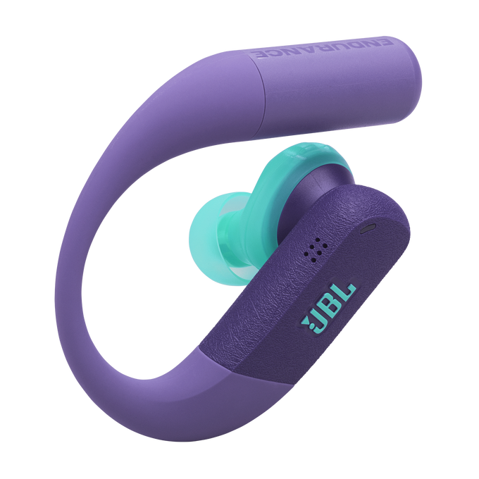 Auriculares JBL morados y turquesa con gancho y la palabra ENDURANCE.