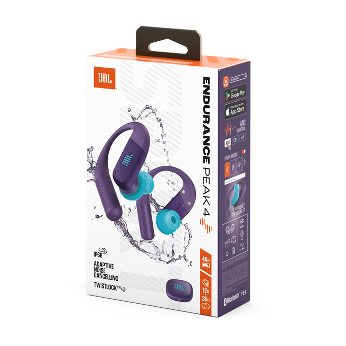 Auriculares JBL Endurance Peak 4 morados con puntas azules en su caja.