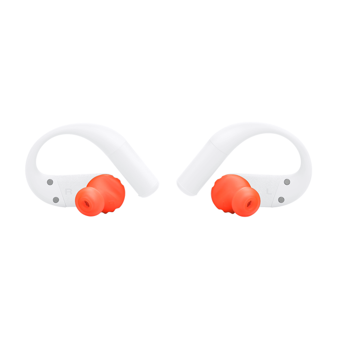 Dos auriculares blancos con puntas naranjas, uno al lado del otro.