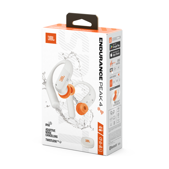 Caja de auriculares JBL Endurance Peak 4 con diseño blanco y naranja, mostrando IP68 y ANC.