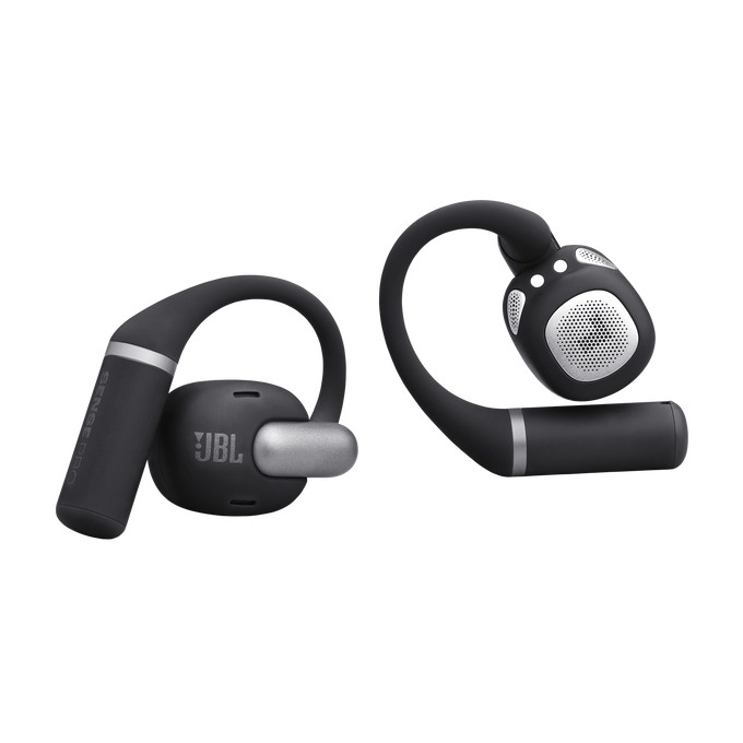 Dos auriculares JBL negros con detalles plateados y ganchos.