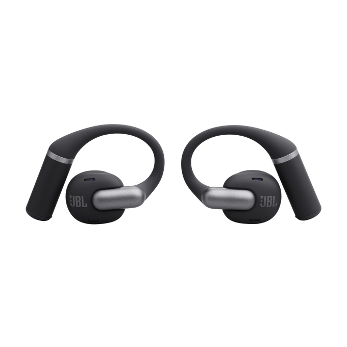 Auriculares JBL grises oscuros con detalles plateados y ganchos.