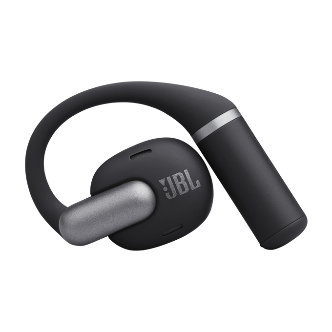 Auricular JBL negro con gancho gris y acento plateado.