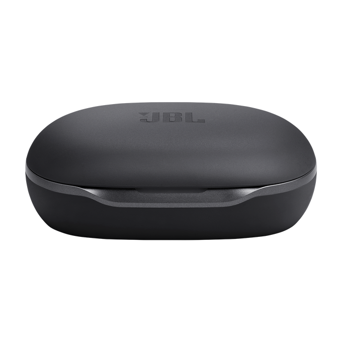 Estuche de carga JBL gris oscuro cerrado para auriculares inalámbricos.
