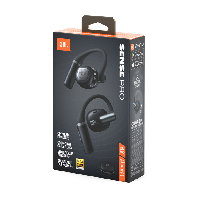 El embalaje de los auriculares JBL Sense Pro muestra dos auriculares negros con detalles plateados y ganchos para la oreja.