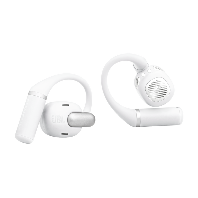 Dos auriculares JBL blancos con ganchos para las orejas.