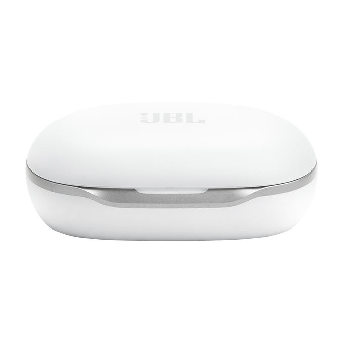 Un estuche de carga JBL blanco con una franja plateada.