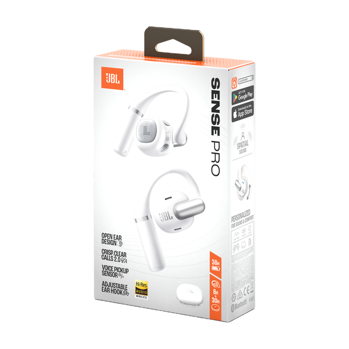 Embalaje de auriculares JBL Sense Pro con auriculares blancos y estuche de carga.