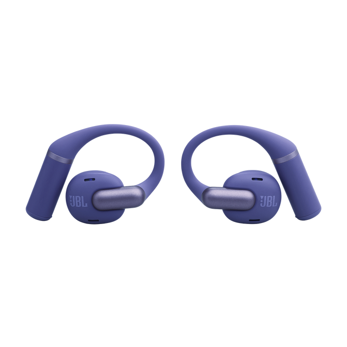 Auriculares JBL morados con ganchos y detalles grises sobre fondo negro.