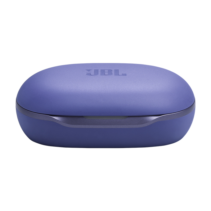 Un estuche de carga para auriculares JBL morado con el logo de JBL.