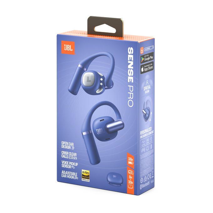 Caja de auriculares JBL Sense Pro azules con imágenes y detalles técnicos.
