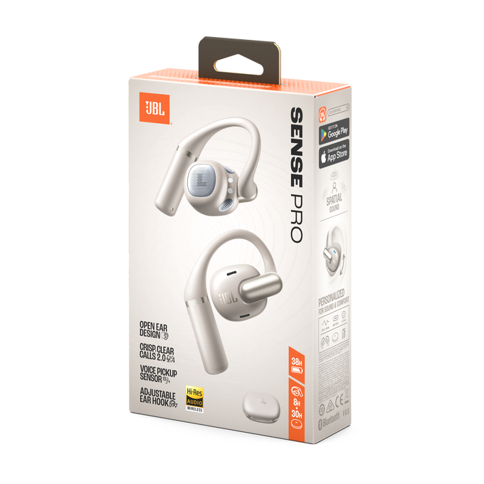 Embalaje de auriculares JBL Sense Pro blancos con imágenes y detalles.