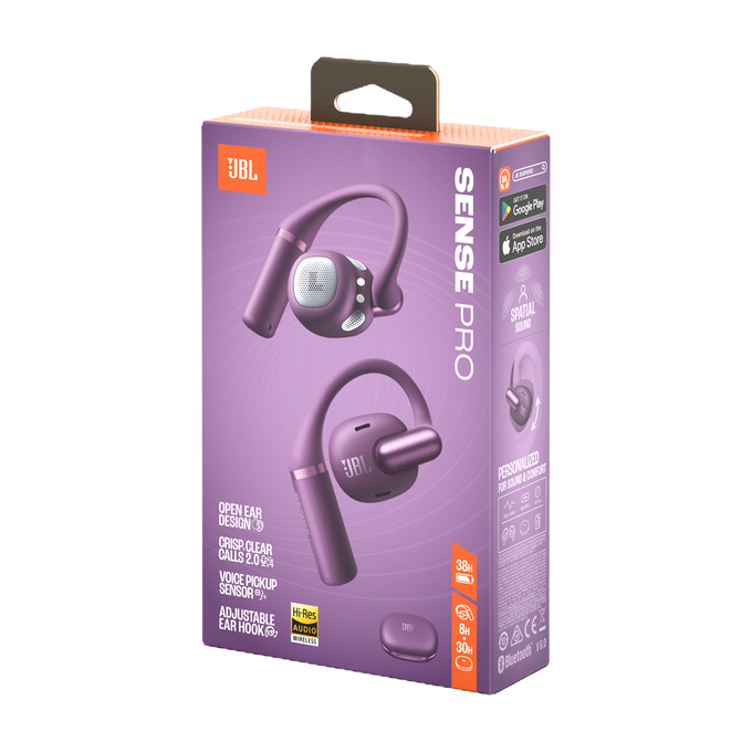 Empaque morado de audífonos JBL Sense Pro con imagen del producto y detalles.
