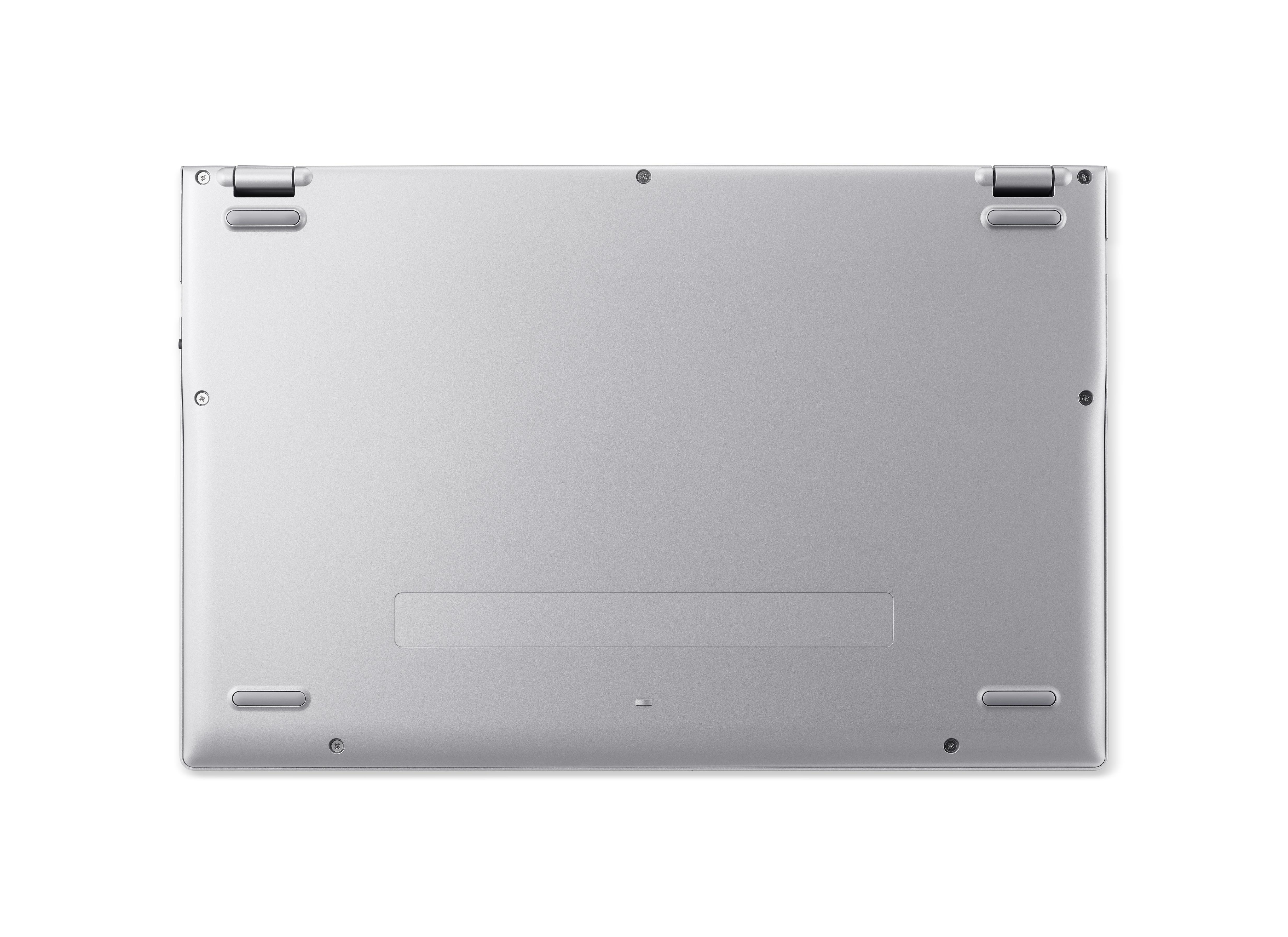 Unterseite eines silbernen Laptops mit Scharnieren und Schrauben.