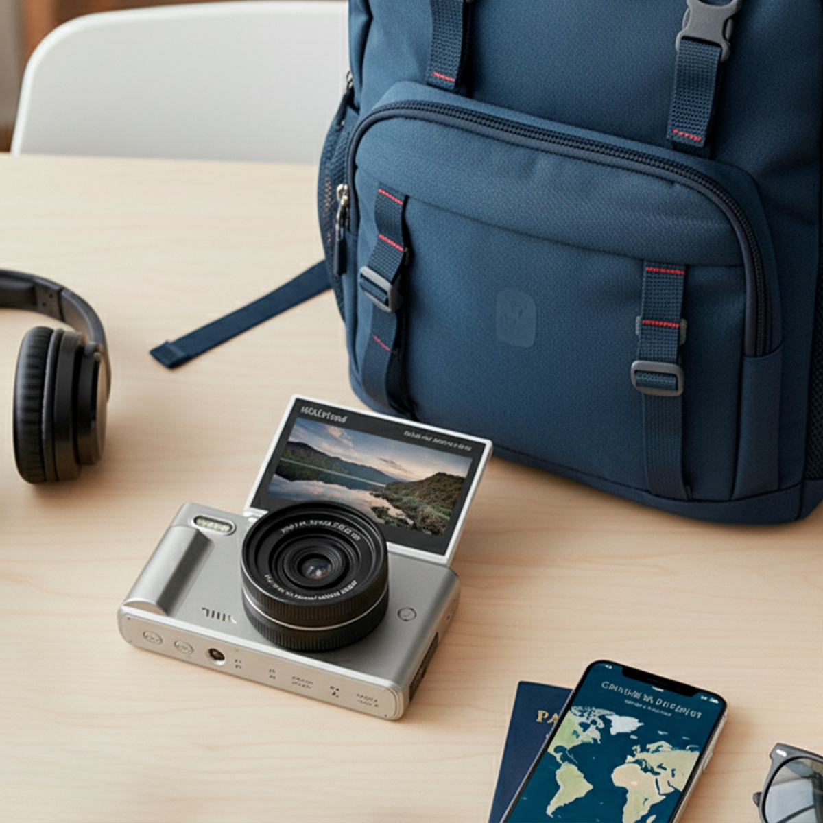 Una mochila azul, cámara, auriculares, teléfono y pasaporte sobre una mesa de madera.