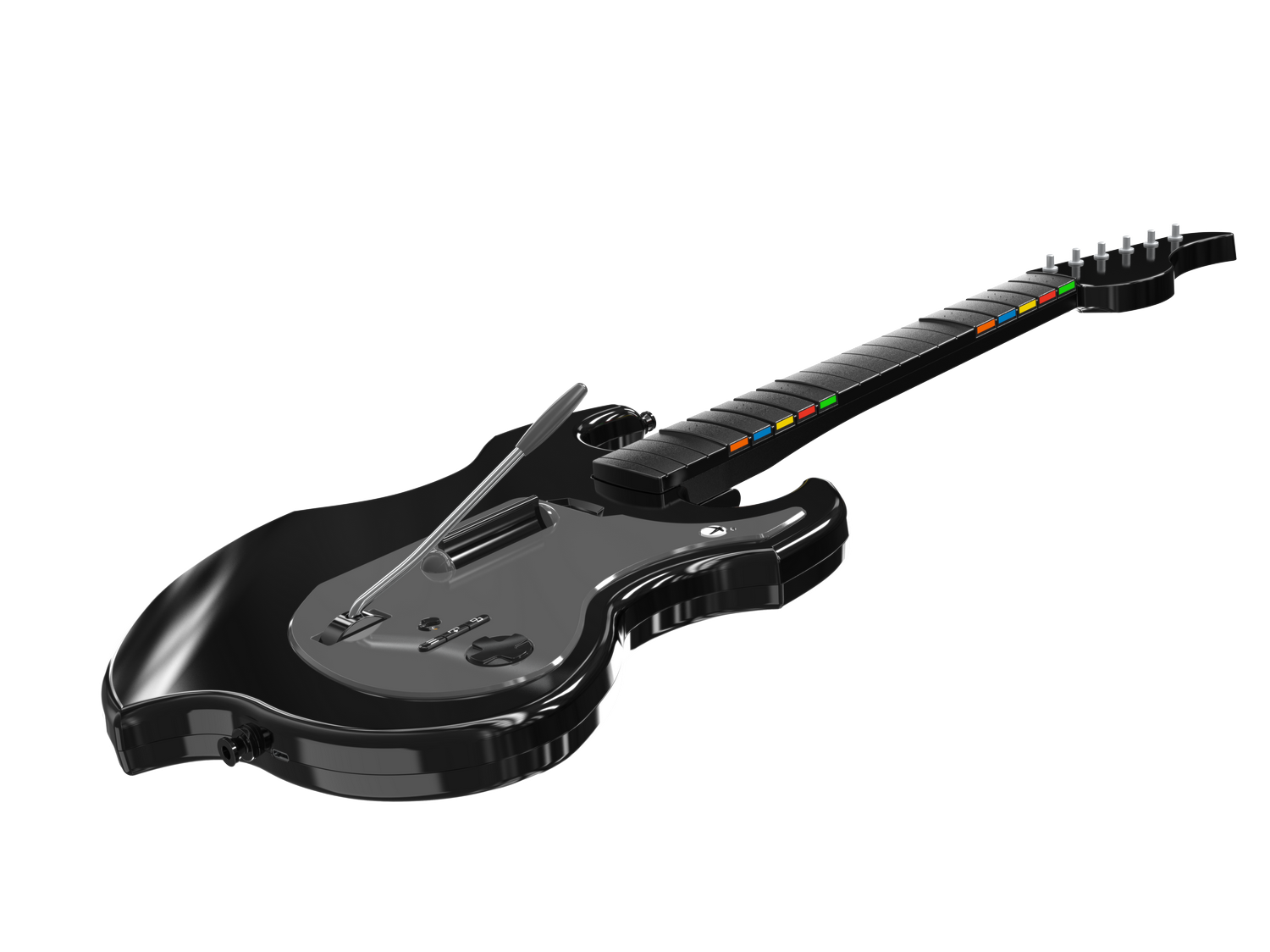 Guitarra eléctrica negra con botones de colores en el diapasón, sobre fondo gris.