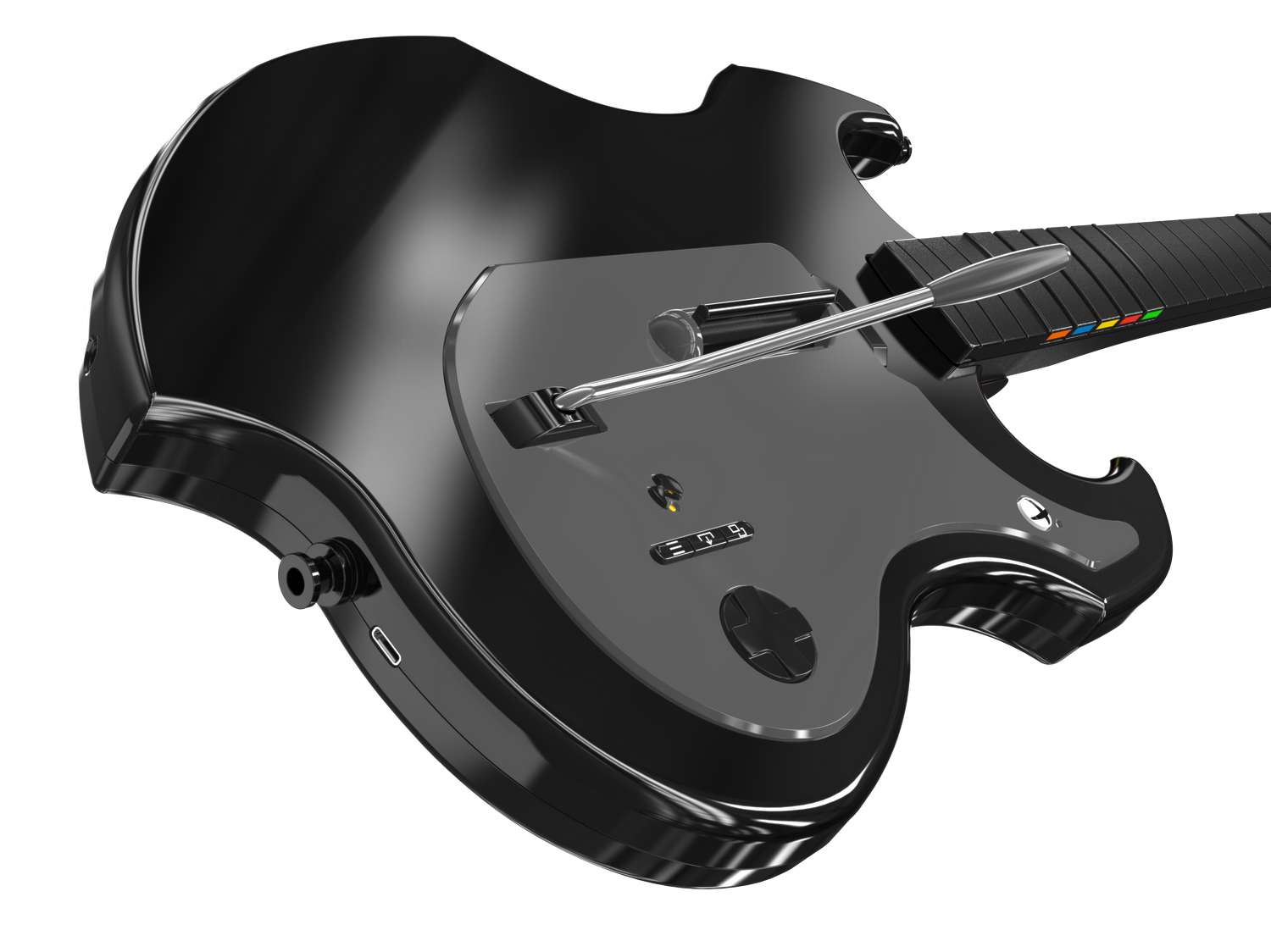 Guitarra eléctrica negra con palanca de trémolo plateada y botones de colores.