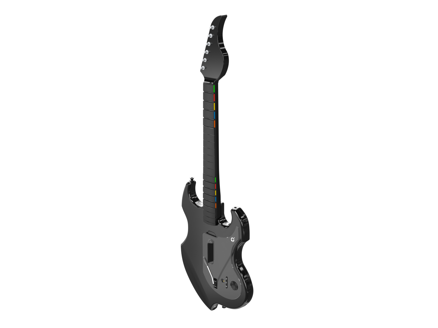 Guitarra negra con botones de colores en el mástil sobre fondo gris.