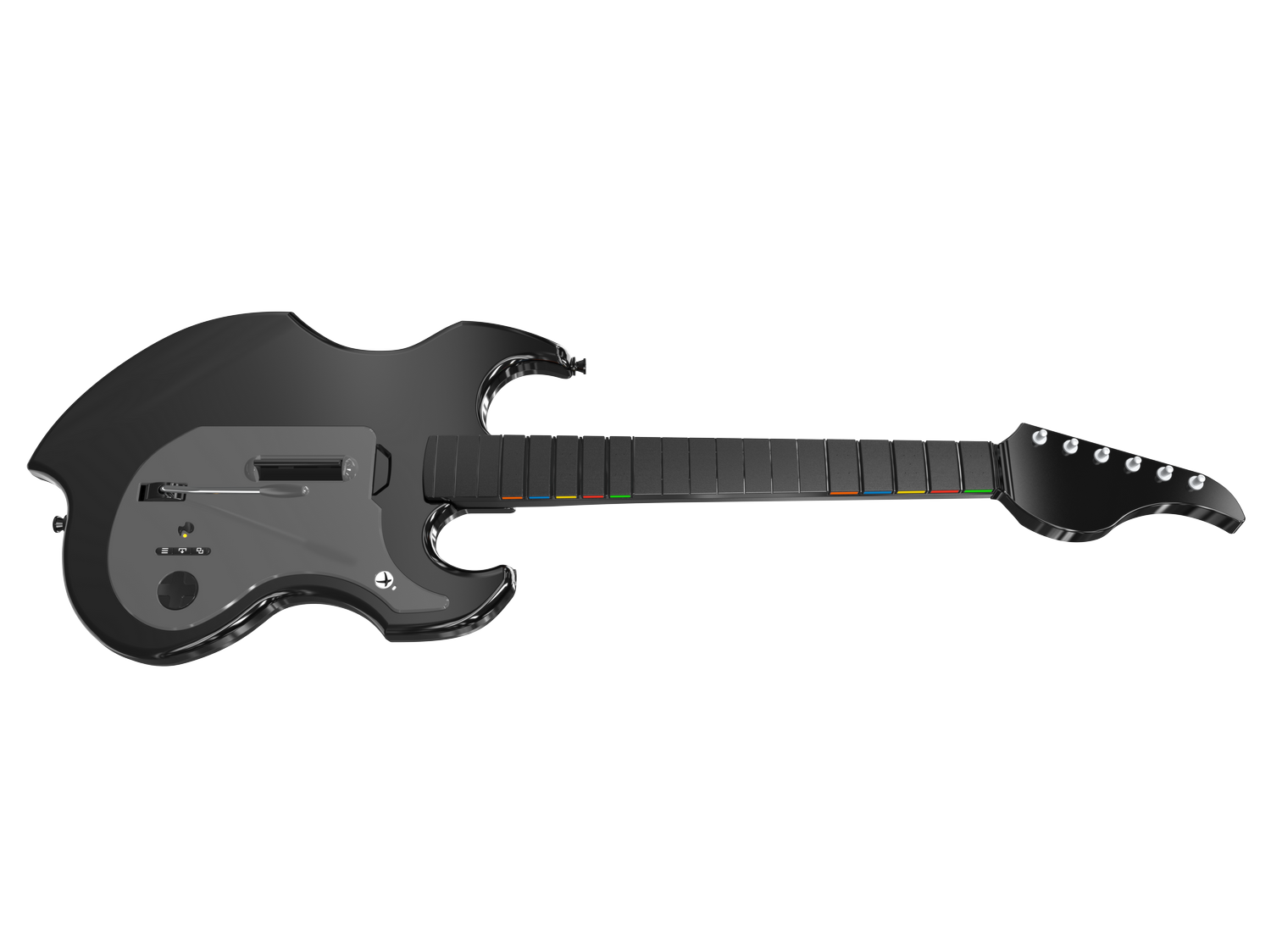 Guitarra negra con botones de colores en el diapasón.