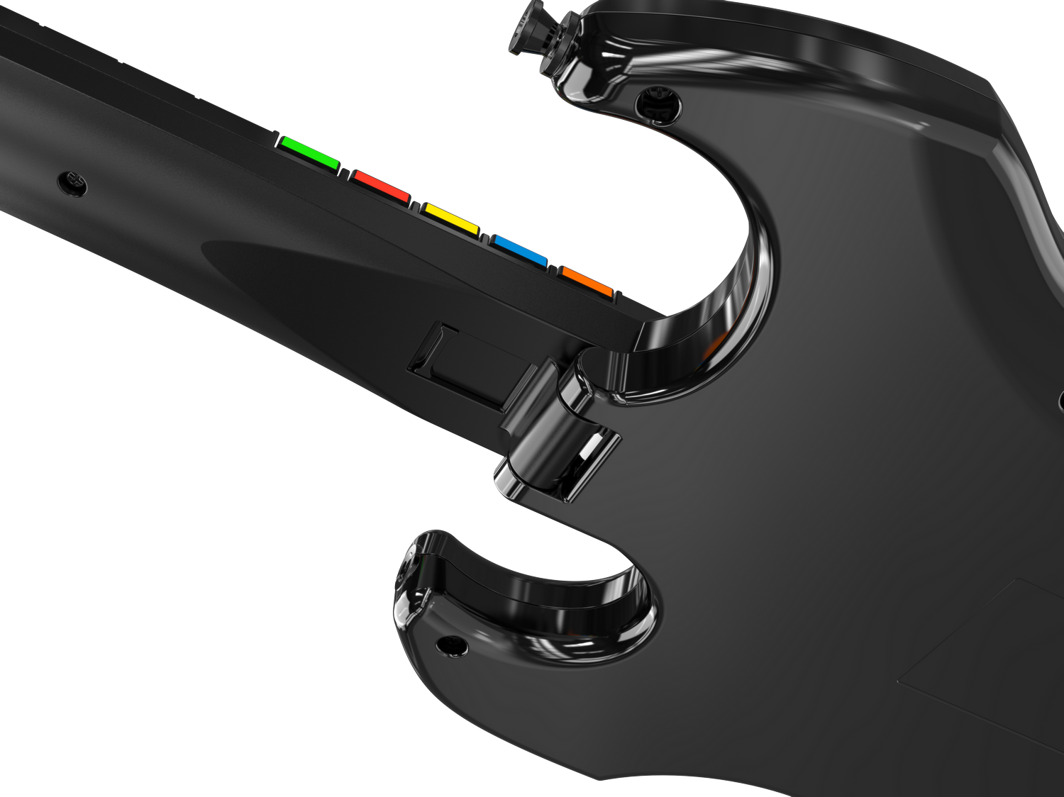 Controlador de guitarra de plástico negro con botones de colores: verde, rojo, amarillo, azul, naranja.