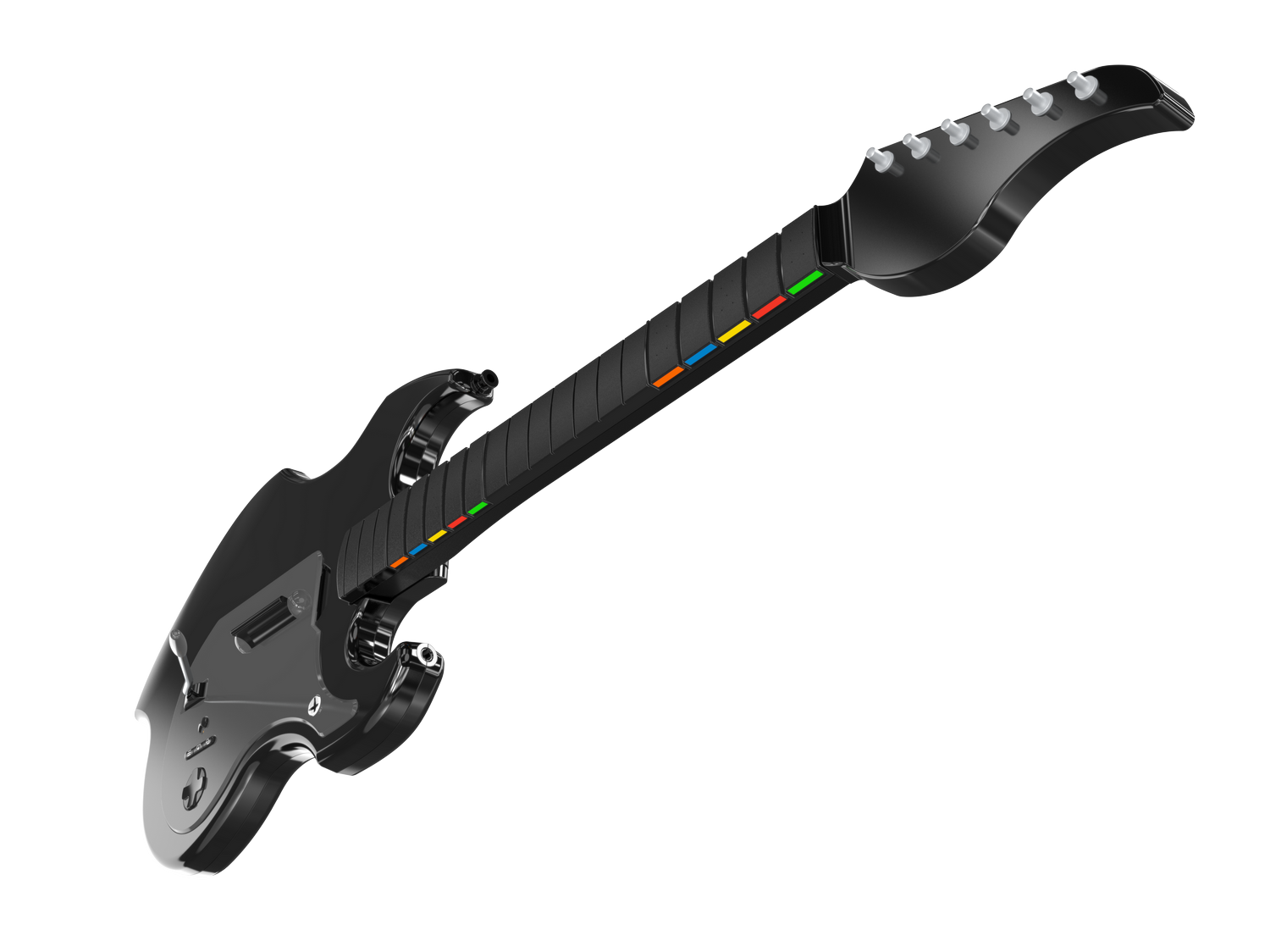 Guitarra eléctrica negra con botones de colores en el diapasón.