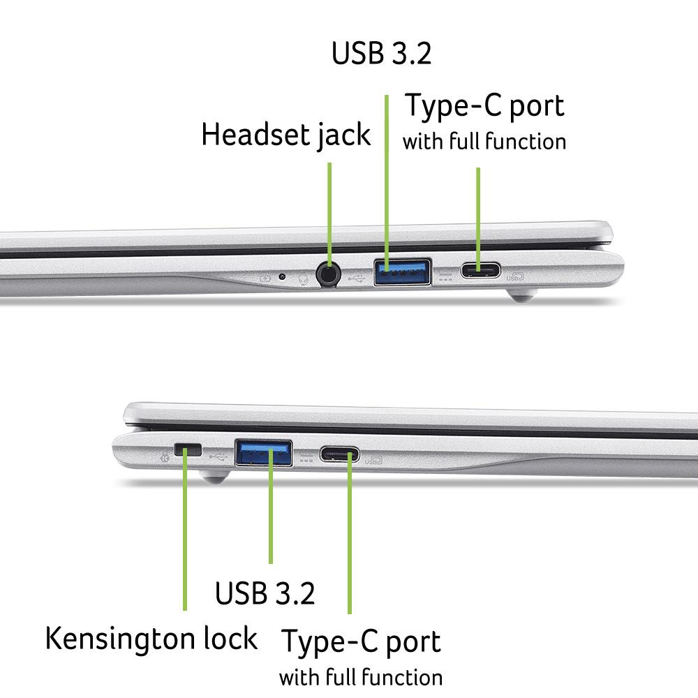 Laptop-Anschlüsse: USB 3.2, Typ-C, Headset-Buchse, Kensington-Sperre.