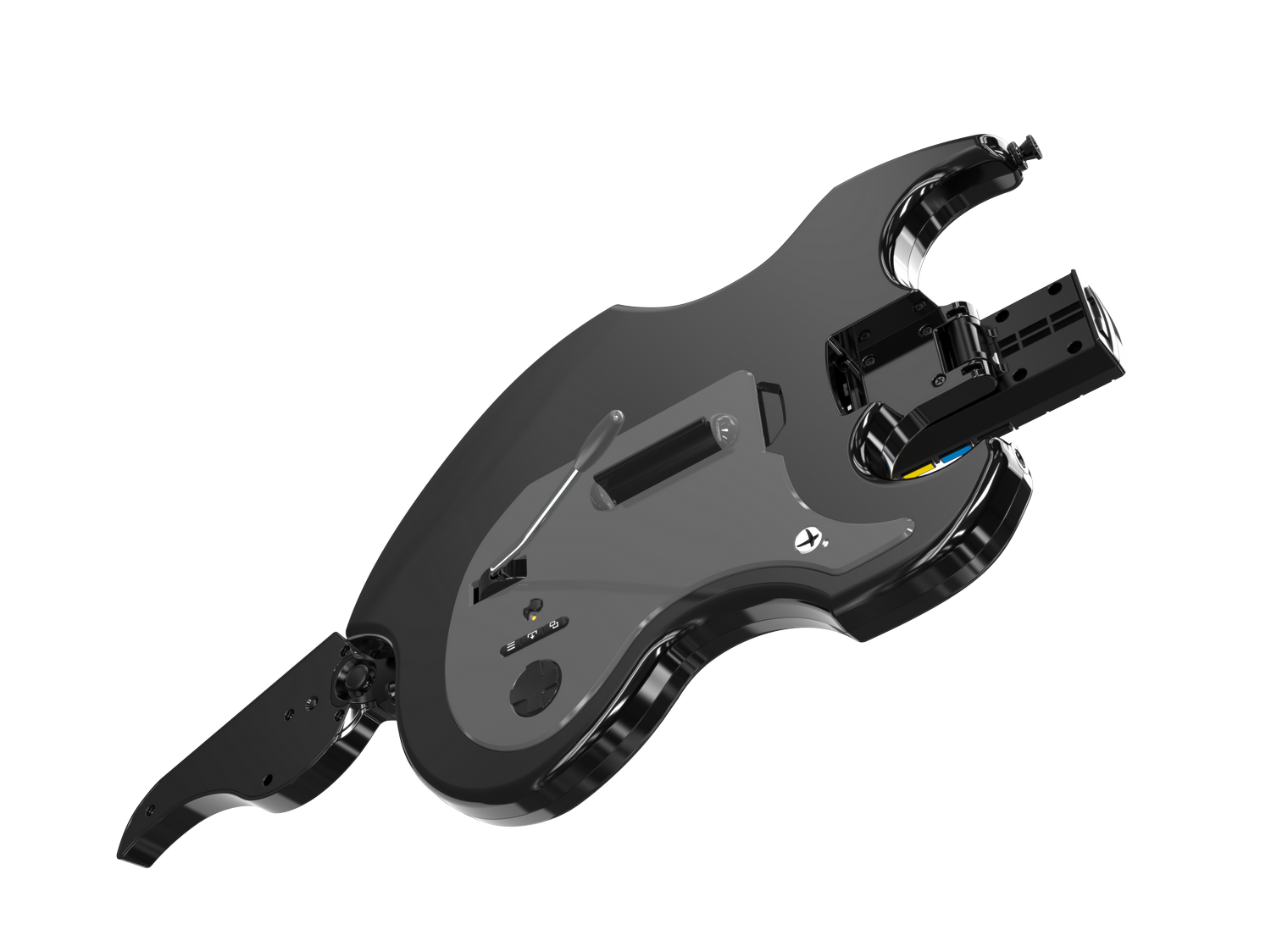Guitarra de juego negra con controles y mástil desmontable, sobre fondo gris.