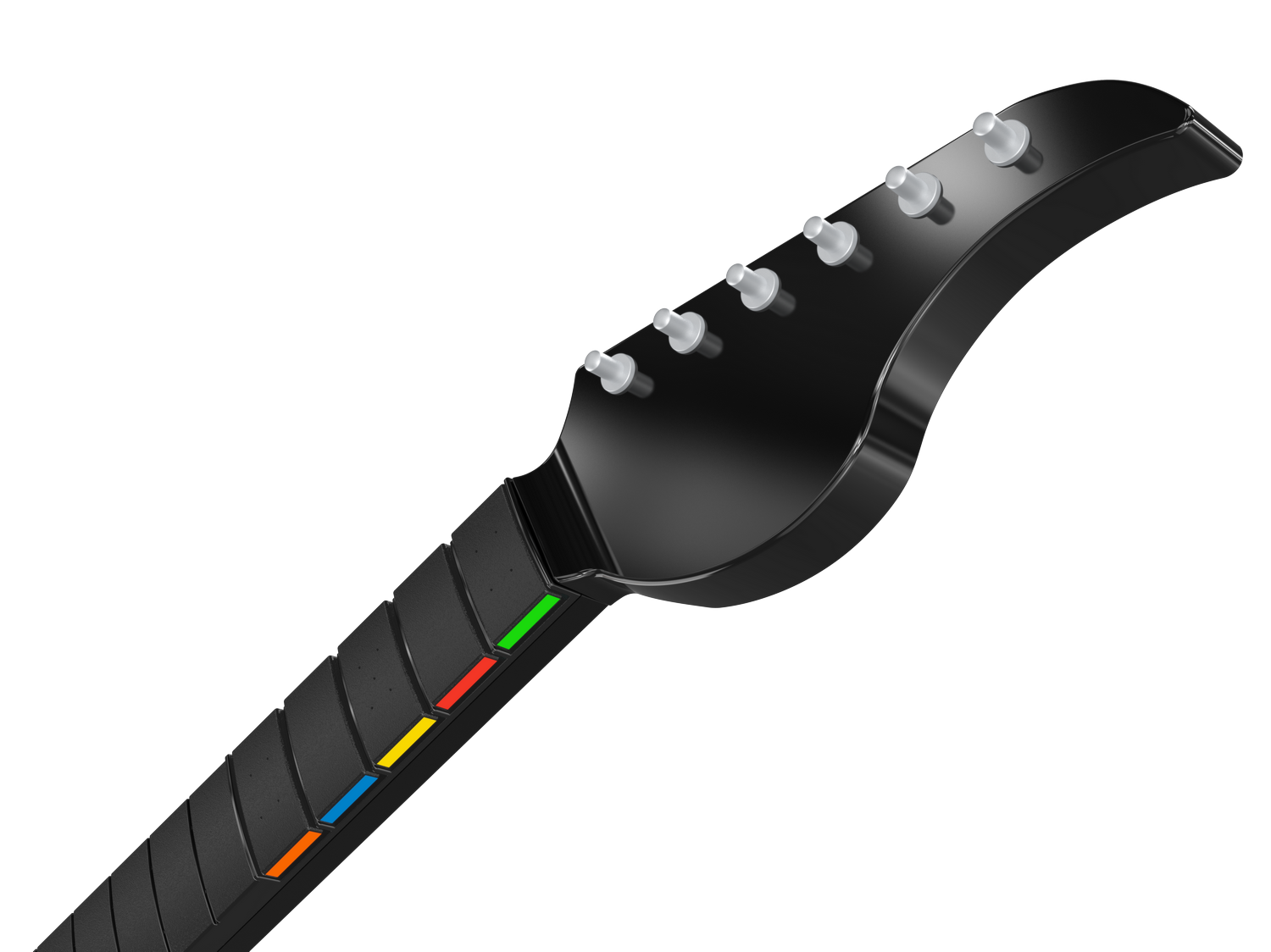 Mástil de guitarra negro con botones de colores y clavijas en fondo gris.