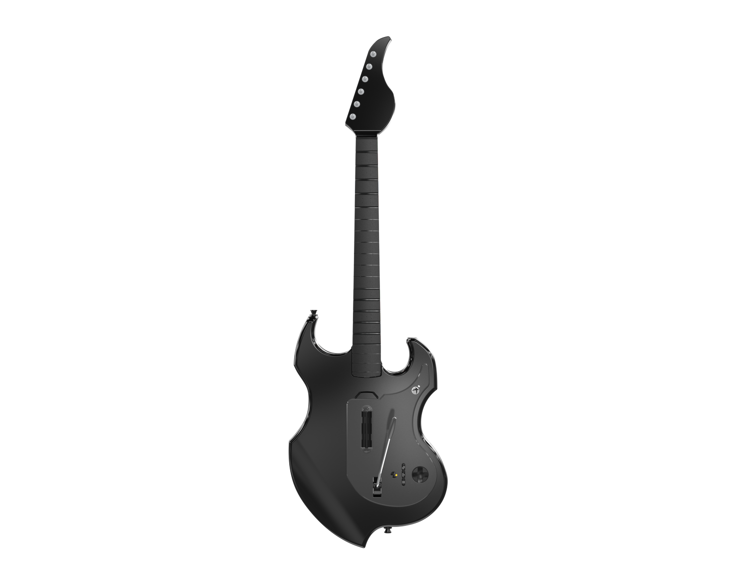 Una guitarra eléctrica negra con clavijas plateadas y cuerpo curvo.