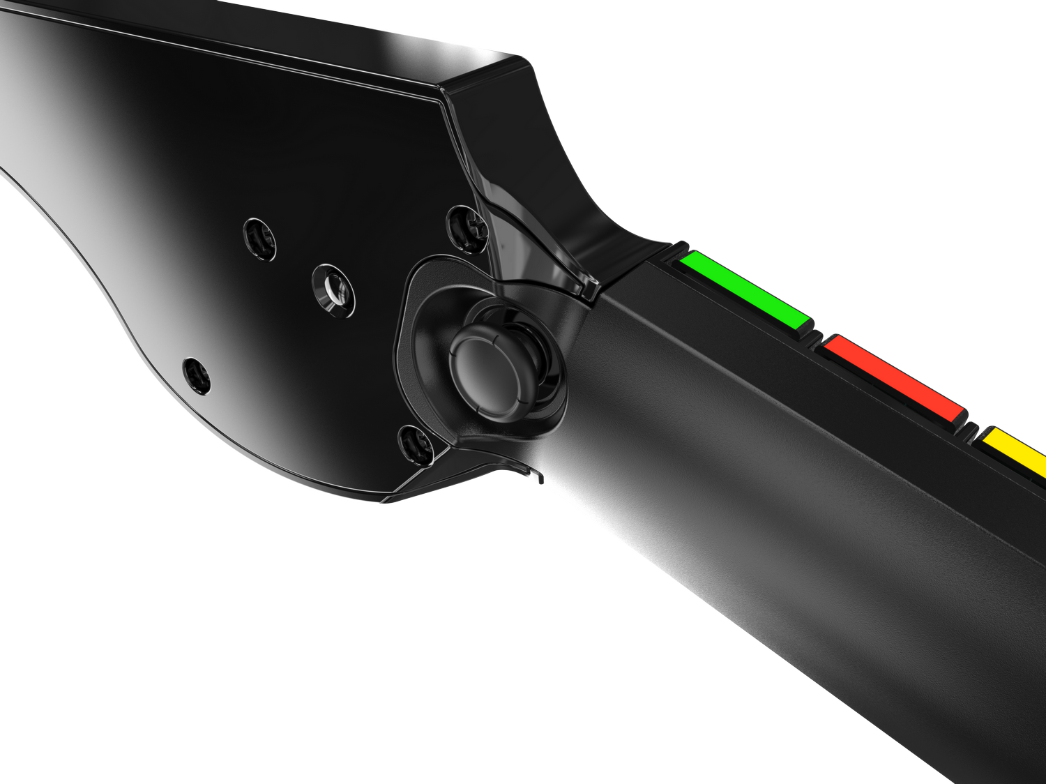 Primer plano de un mando negro con botones verdes, rojos y amarillos.